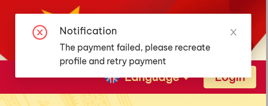 Notificação de falha no pagamento do e-Visa do Vietnã