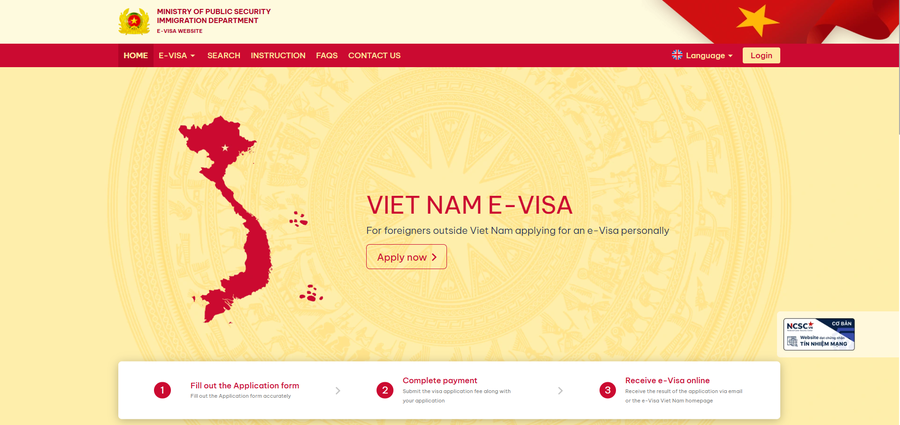 Página inicial do portal oficial do e-Visa do Vietnã