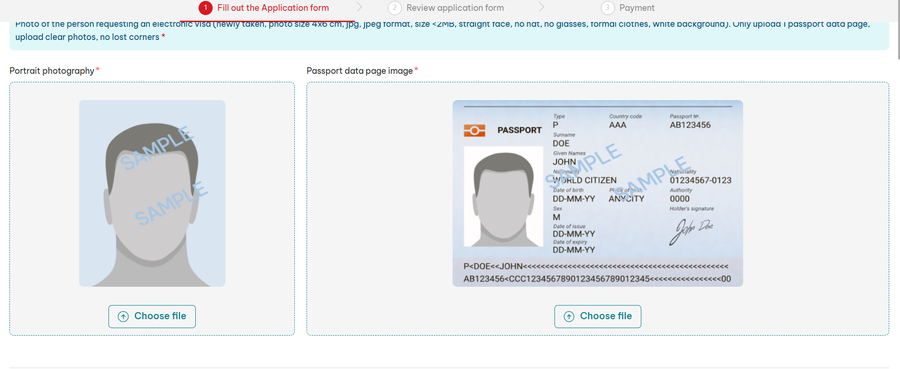 Campos para envio da fotografia e do passaporte no formulário do e-Visa do Vietnã